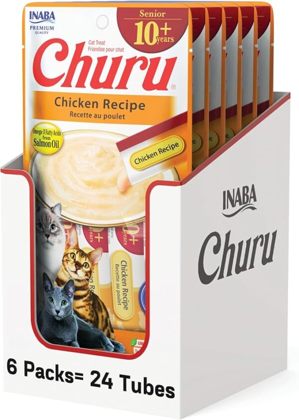 INABA Churu for Senior 10+, Creamy Lickable Cat Treats with Taurine, Vitamin E & C, 0.5 Ounces Each, 24 Tubes (4 per Pack), Chicken Recipe