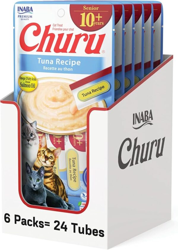 INABA Churu for Senior 10+, Creamy Lickable Cat Treats with Taurine, Vitamin E & C, 0.5 Ounces Each, 24 Tubes (4 per Pack), Tuna Recipe