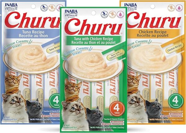 INABA Churu Lickable Purée Natural Cat Treats Tuna & Chicken 3 Flavor Assortment of 12 Tubes