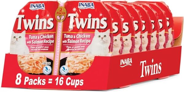 INABA Twins for Cats, Grain-Free Shredded Chicken & Broth Gelée Side Dish Cups, Tuna & Chicken Recipe, 1.23 Ounces per Serving, 19.68 Ounces Total (16 Count)