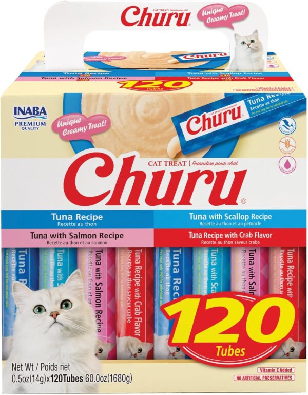 INABA Churu Cat Treats, Lickable, Squeezable Creamy Purée with Vitamin E, 0.5 Ounces per Tube, 120 Tubes Total, Tuna Variety