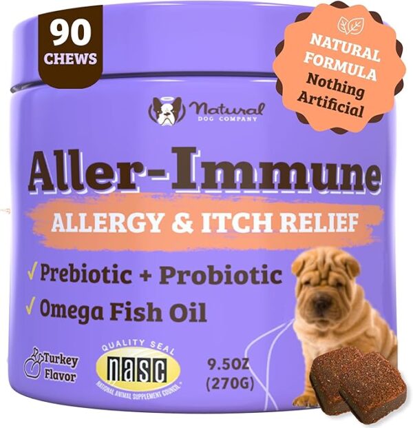 Natural Dog Company Aller-Immune Chews (90 Pieces), Turkey Flavor, Canine-Specific Probiotics