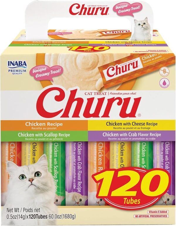 INABA Churu Cat Treats, Lickable, Squeezable Creamy Purée with Vitamin E, 0.5 Ounces per Tube, 120 Tubes Total, Chicken Variety