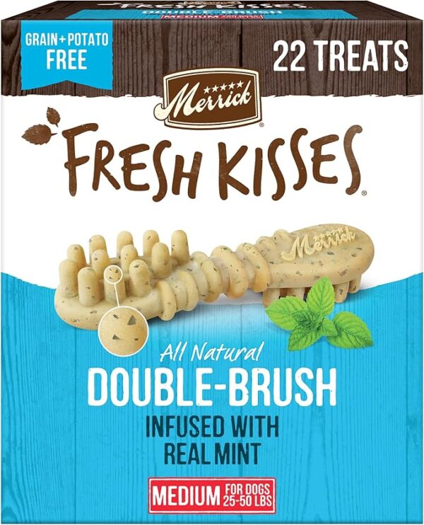 Merrick Fresh Kisses Natural Dental Chews Toothbrush Shape Treat Infused With Real Mint Medium Dogs - 22 ct. Box