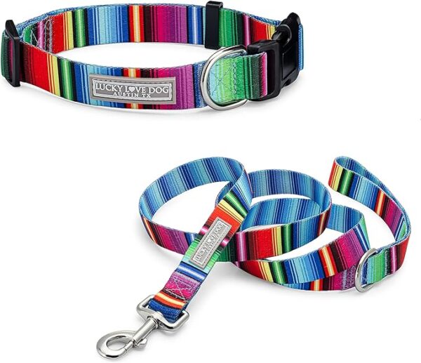 Lucky Love Dog Combo Set, Colorful Striped Dog Collar & Leash Set, Large