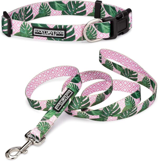 Lucky Love Dog, Tropical Matching Dog Collar & Leash Set, Soft & Comfy, Vivid Pink Color Collar and Leash for Female Male Dogs - (Small, Laguna Combo)