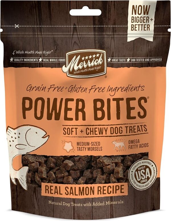 Merrick Power Bites Natural Soft And Chewy Real Meat Dog Treats, Grain Free Snack With Real Salmon Recipe - 6 oz. Bag